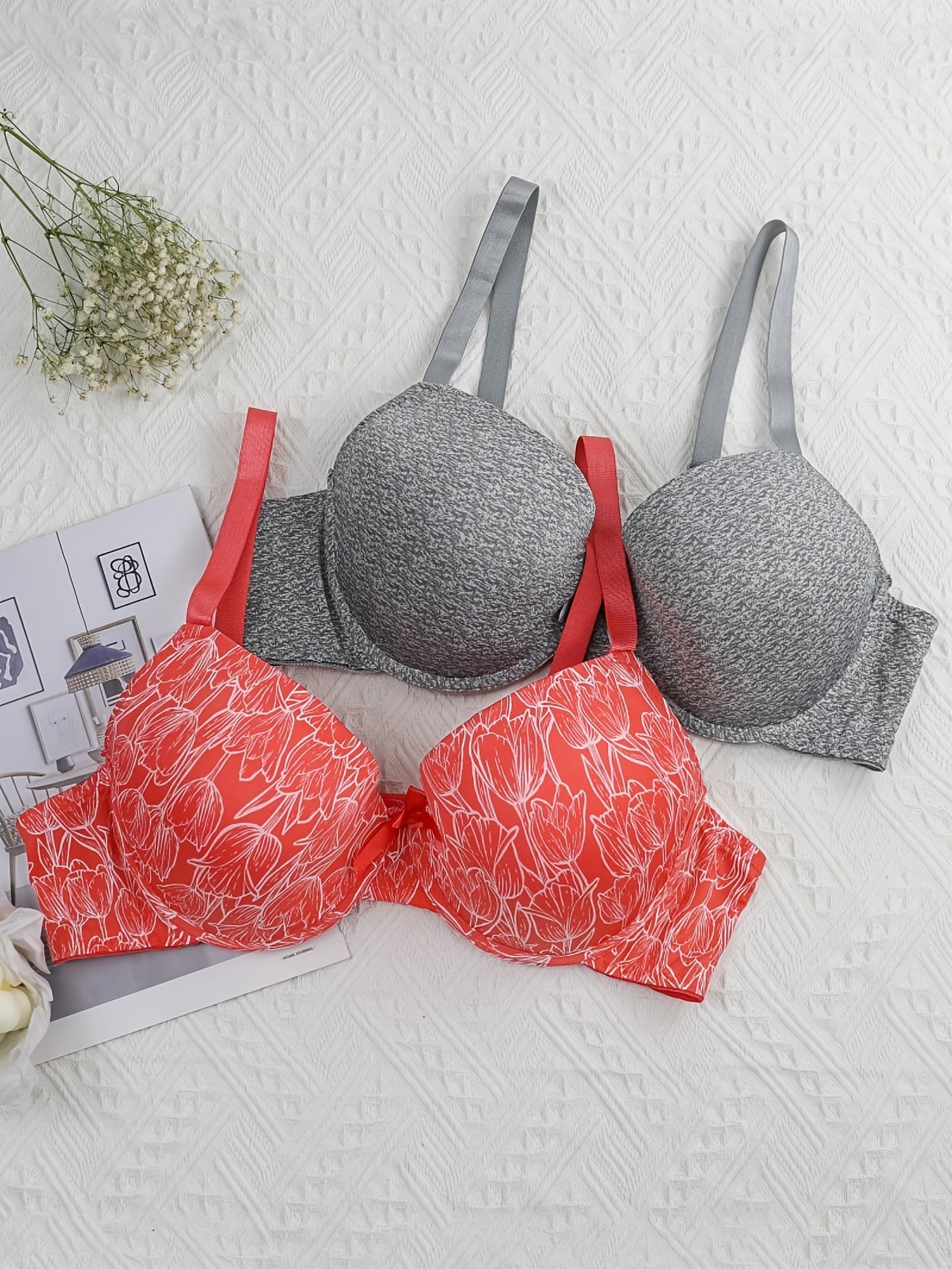 2 Pack Women's Plus Size Casual Bras Set Full Coverage Solid Floral Print 2pcs