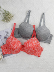 2 Pack Women's Plus Size Casual Bras Set Full Coverage Solid Floral Print 2pcs