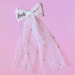 Pearl Bow Hair Accessory with Short Veil for Brides