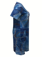 Denim Print V Neck Dress With Pockets