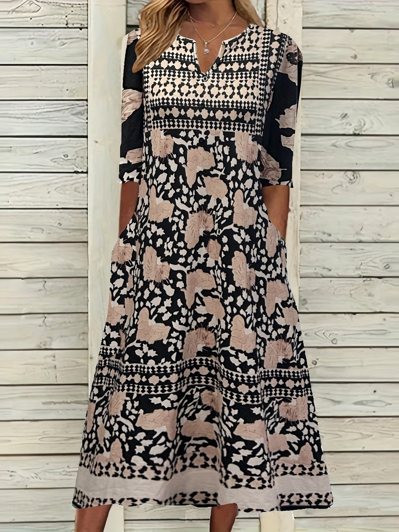 Floral Print Short Sleeve Midi Dress With Pockets