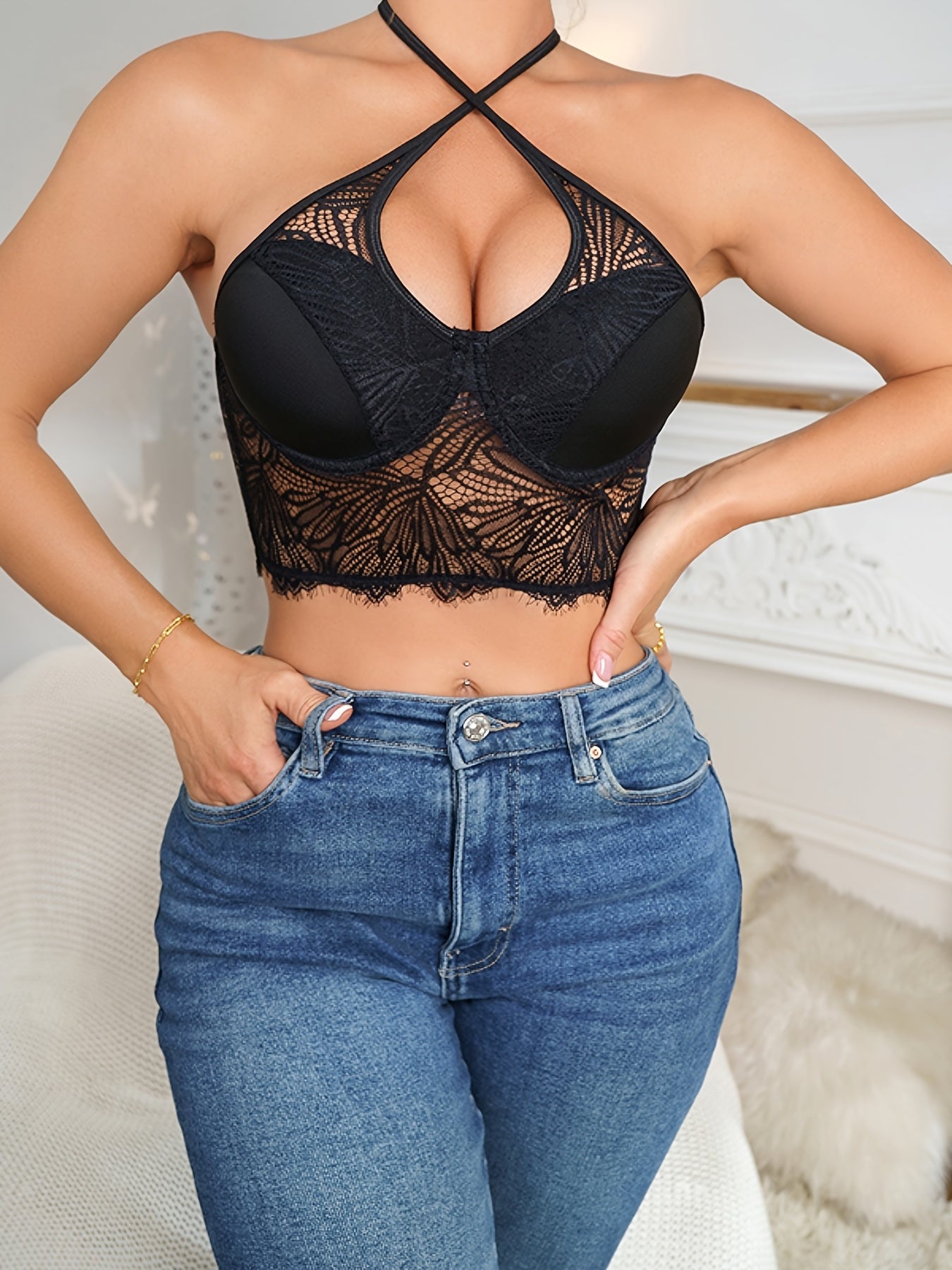Hollow Mesh Camisole Halter Bra Crop Top
