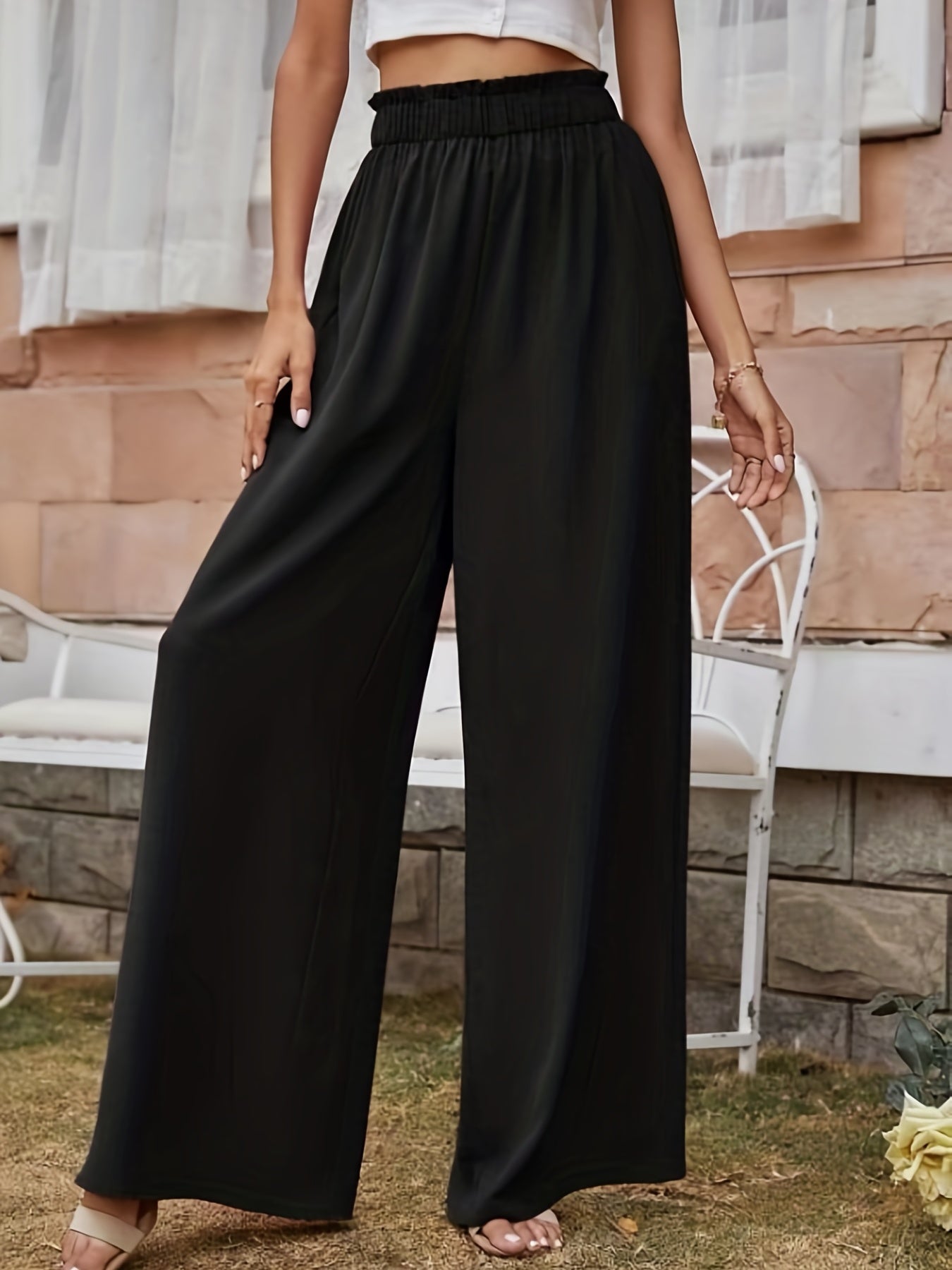 Draped Wide Leg Pants Paper Bag Waist Casual Pants