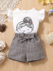 2pcs Baby Girls Graphic Print Ruffle Sleeve T-shirt & Plaid Bow Shorts Set