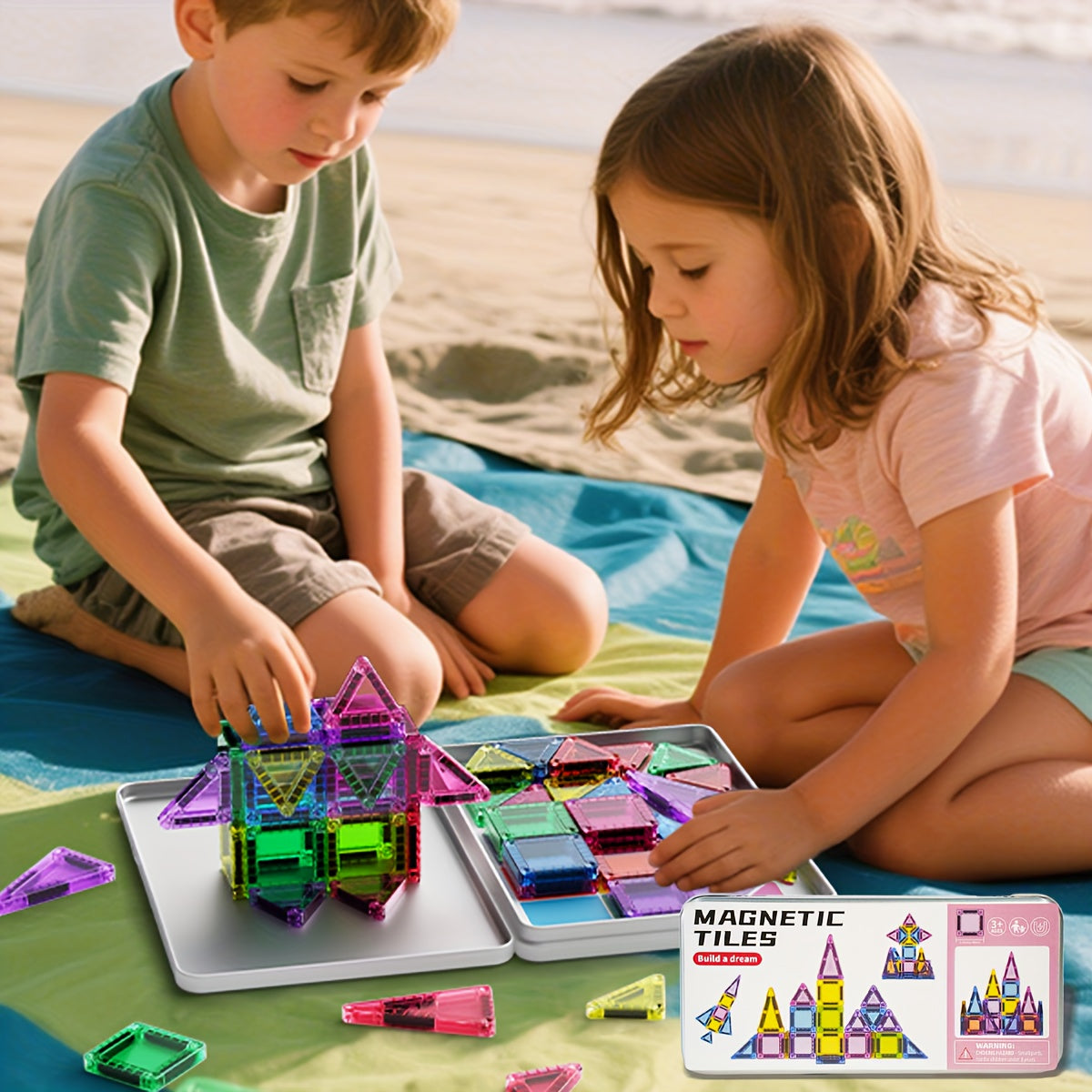 42pcs Mini Magnetic Tiles Toy Set in Iron Box, Portable & Easy to Carry