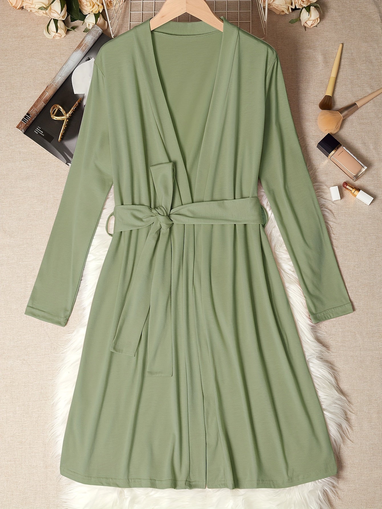 Women's Solid Night Robe Long Sleeve V Neck With Belt