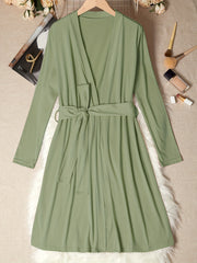 Women's Solid Night Robe Long Sleeve V Neck With Belt