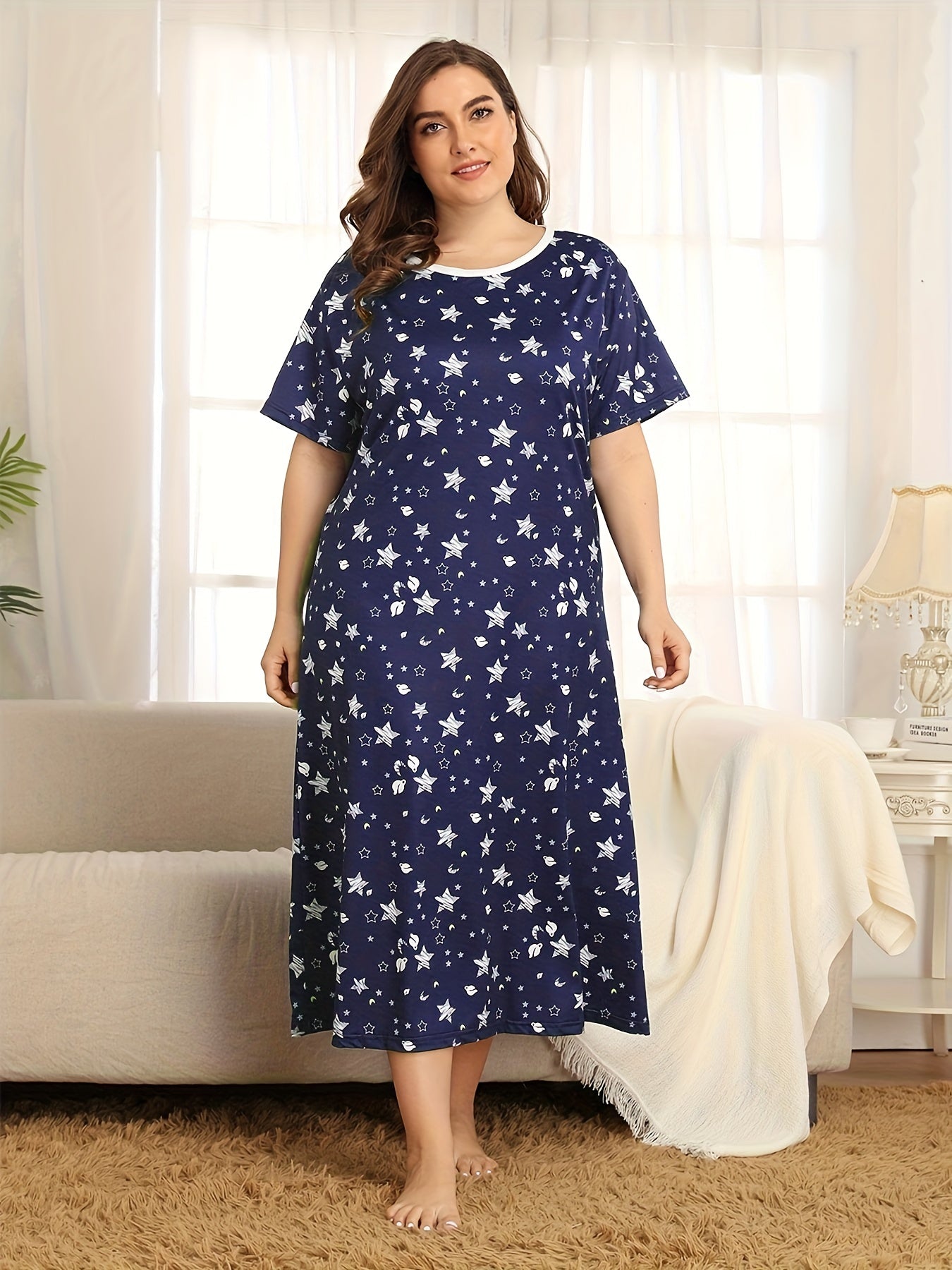 Stars Print Sleep Dress Short Sleeve