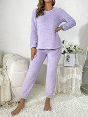 2pcs Plush Loungewear Set Long Sleeve Top & Solid Pants Women's Loungewear