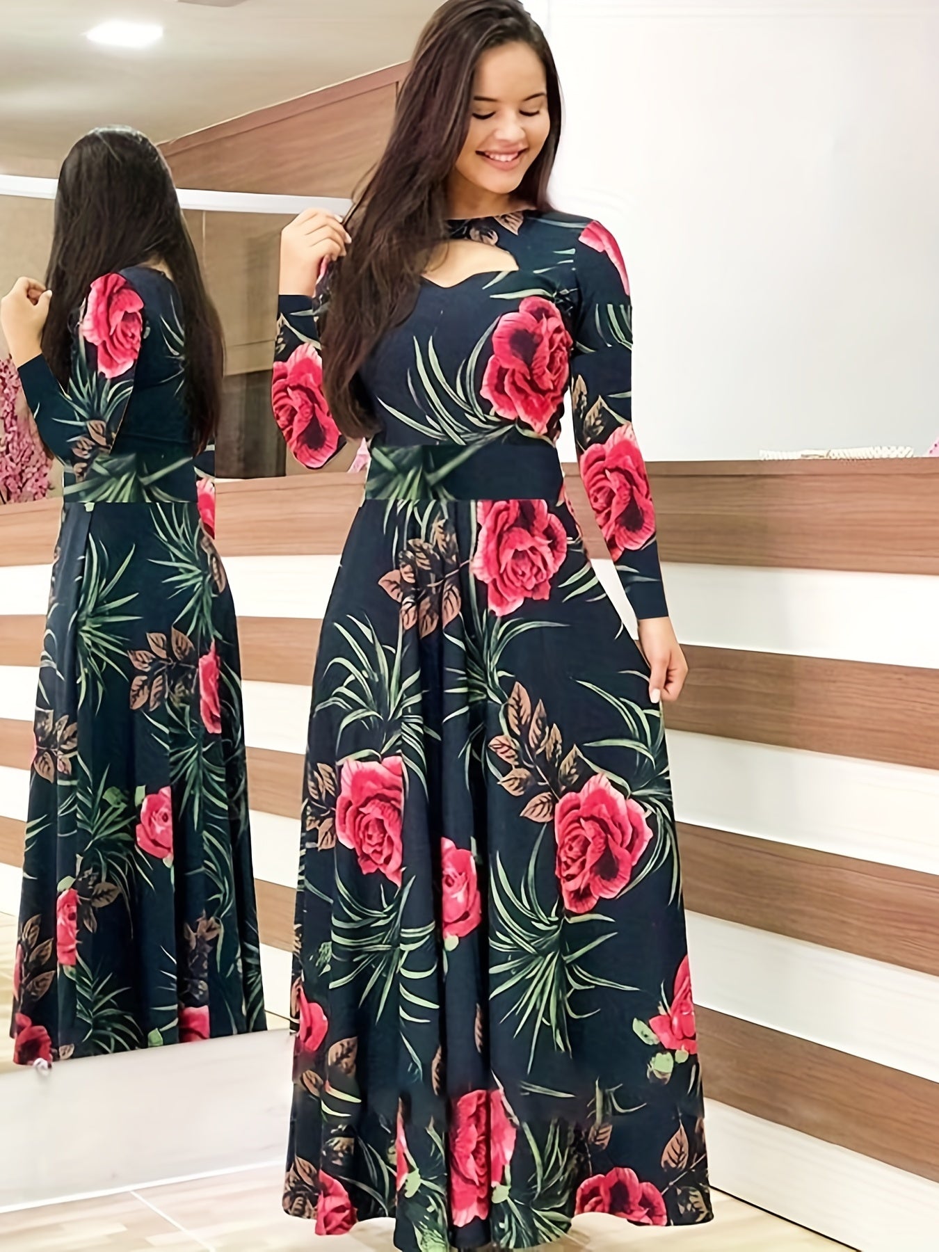Rose Print Cut Out Maxi Dress