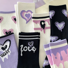 7 Pairs Heart Print Mid Tube Socks Women's Stockings & Hosiery