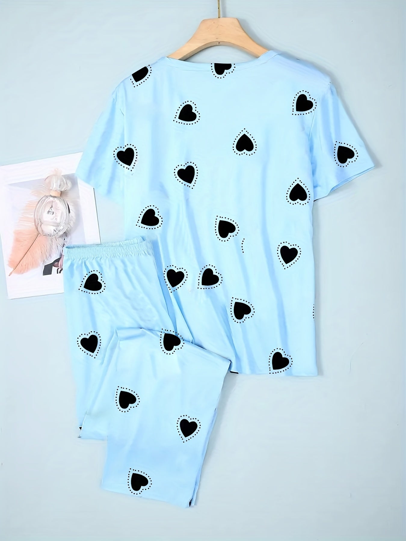 Heart Print Pajama Set Short Sleeve Top & Loose Pants Women's Loungewear