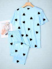 Heart Print Pajama Set Short Sleeve Top & Loose Pants Women's Loungewear