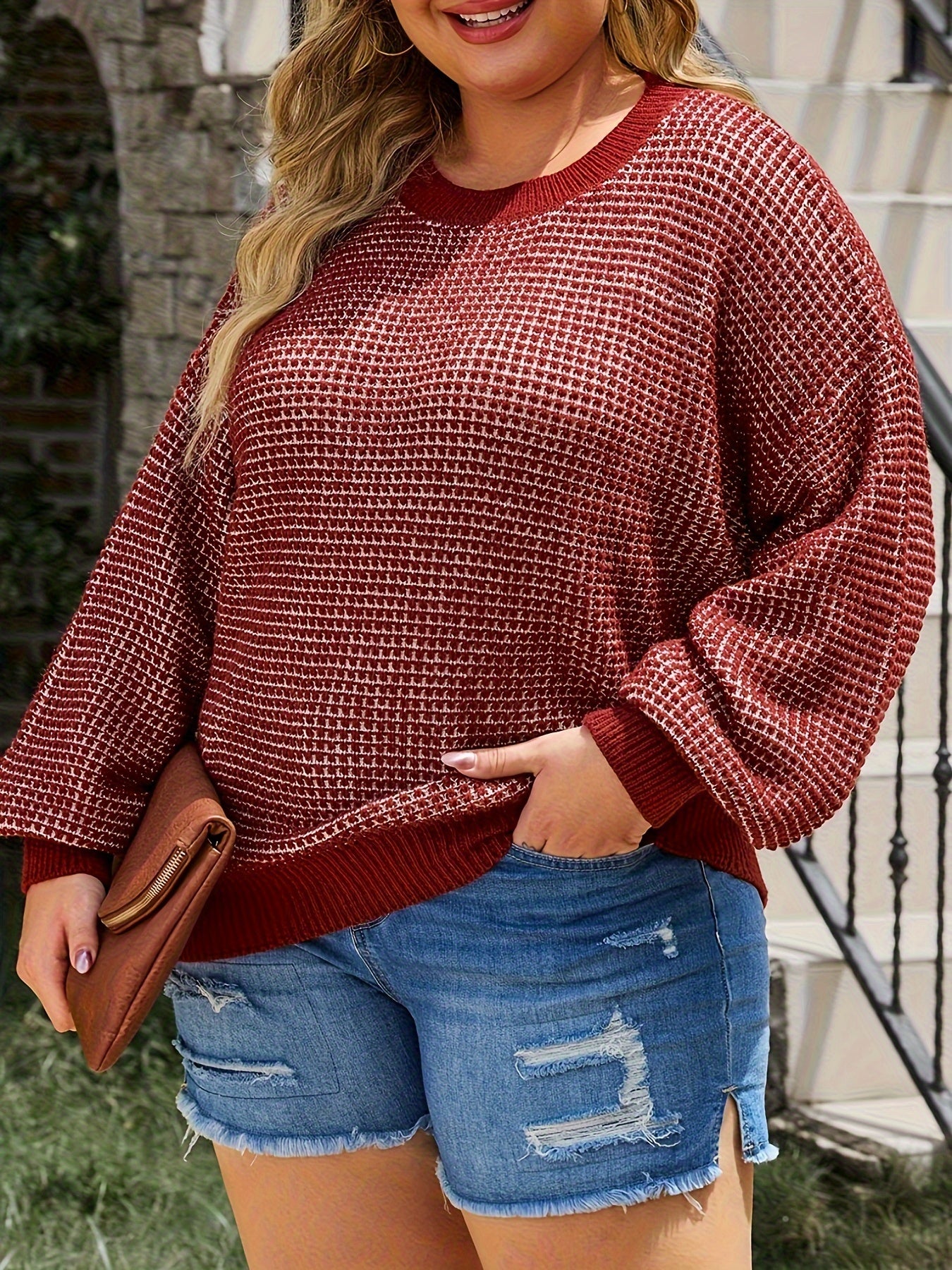 Casual Sweater Women's Plus Two Tone Lantern Sleeve Pullover Jumper