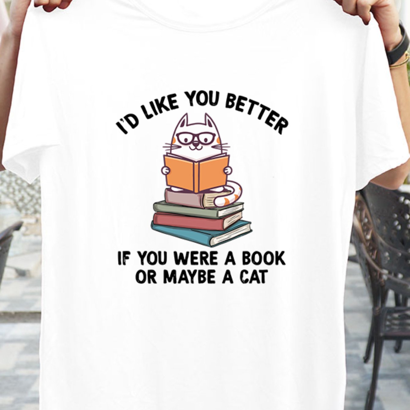 Book Cat Graphic Short Sleeved T-shirt Crew Neck Comfort