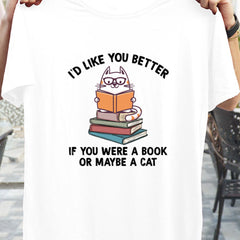 Book Cat Graphic Short Sleeved T-shirt Crew Neck Comfort