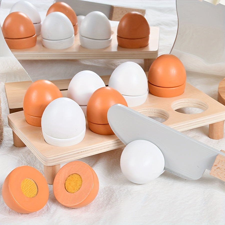 Wooden Egg Pretend Play Set Toy 8 Eggs 1 Holder 1 Cutter for 3 Years Easter Gift