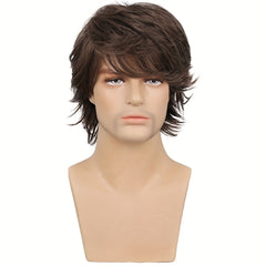 Men's Long Curly Wig Dark Brown Synthetic Fiber Hair Handsome