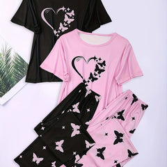 Heart Print Pajamas Set & Butterfly Print Pants