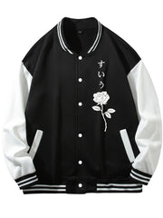 Rose Pattern Embroidery Varsity Jacket Men's Casual Block Button Up Jacket