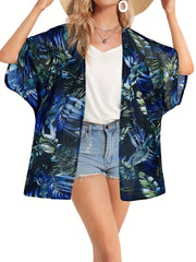 Leaf Print Cover Up Shirt V Neck Half Sleeves Beachwear Cardigan
