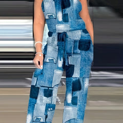 Denim Print Drawstring Waist Jumpsuit Sleeveless Casual Jumpsuit