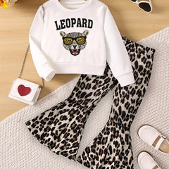 LEOPARD Pattern Girl's 2pcs Sweatshirt & Flared Pants Set