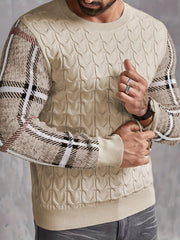 Men's Crew Neck Knitted Sweater - Block Plaid Sleeves - Fall/Winter