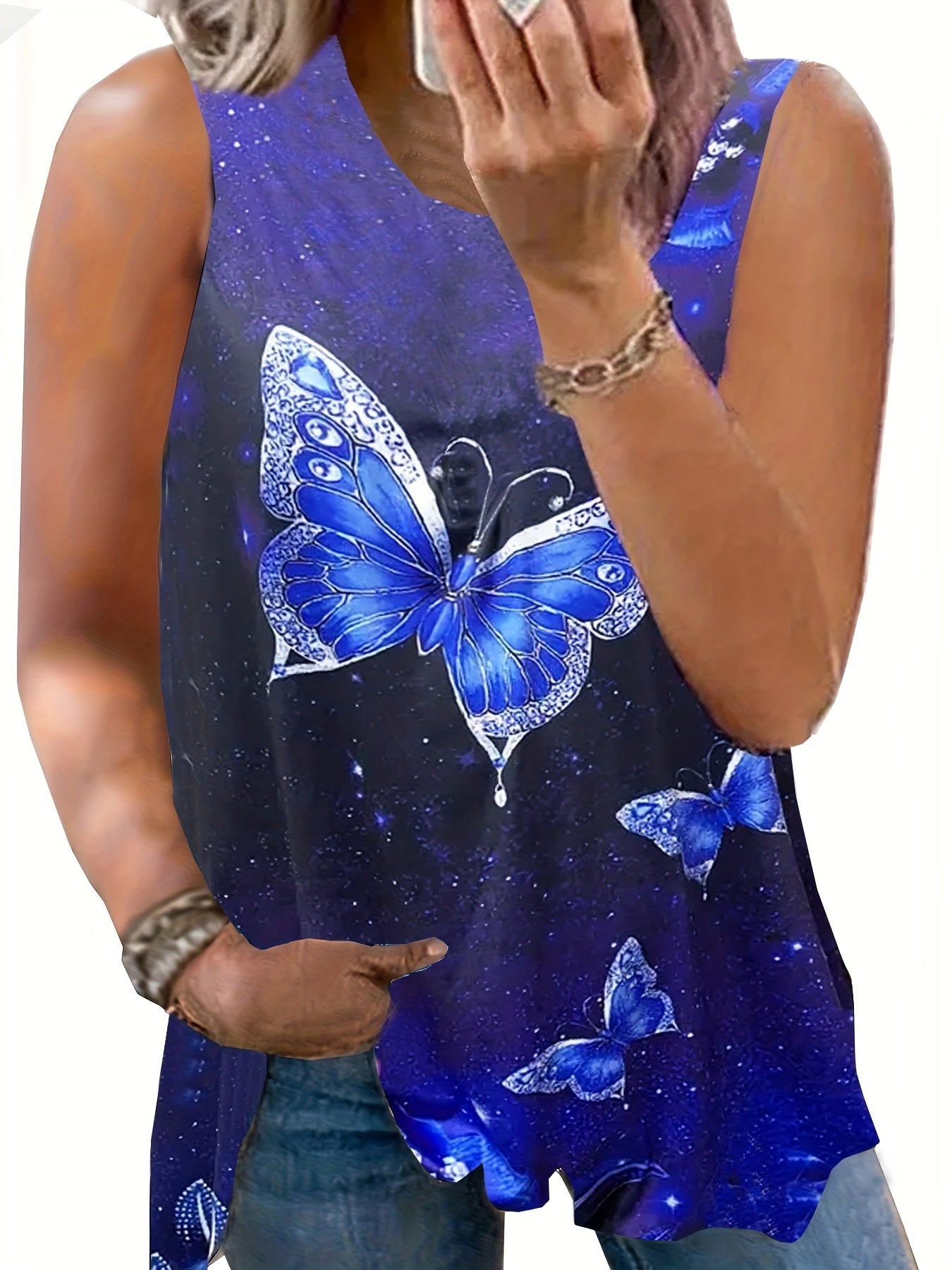 Butterfly Print Tank Top Round Neck Medium Stretch
