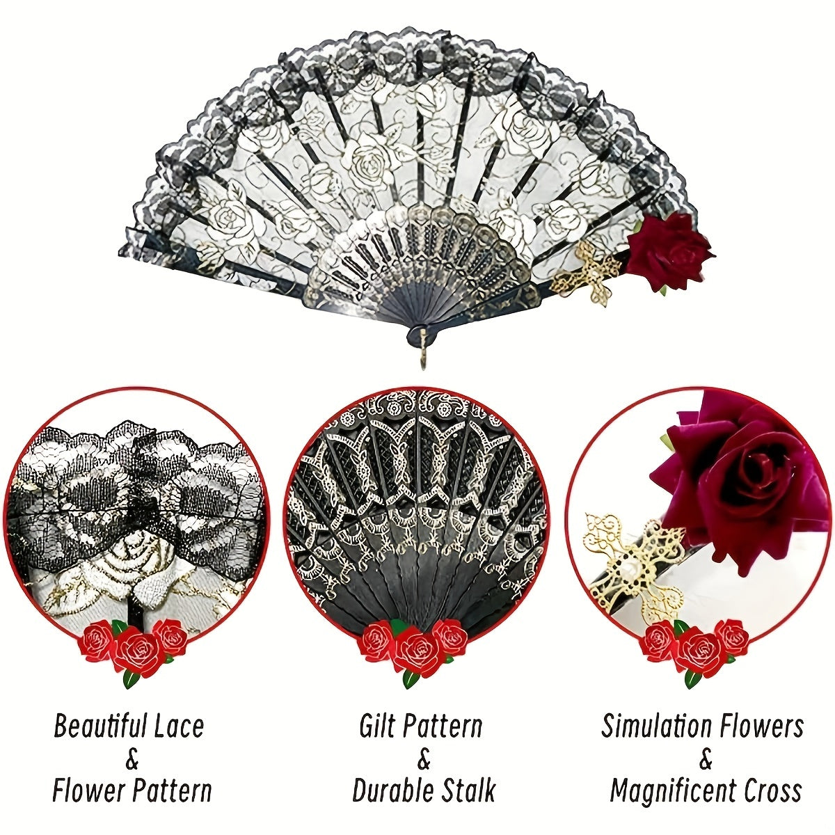 Vintage Folding Fan Spanish Style Rose Lace Cocktail Tea Party Accessory