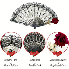 Vintage Folding Fan Spanish Style Rose Lace Cocktail Tea Party Accessory
