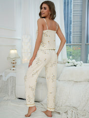 Floral Print Pajama Set V Neck Cami Top & Elastic Waistband Pants