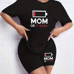 Mom Of 3 Kids Two Piece Set - Short Sleeve Crew Neck T Shirt & Shorts
