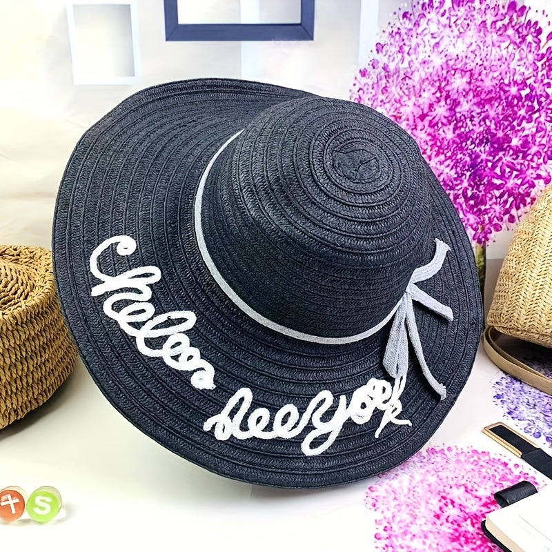Letter Embroidery Sun Hat Wide Brim UV Protection Straw Hat