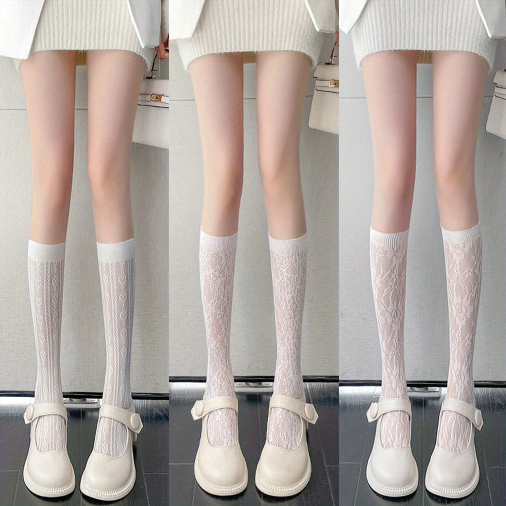 3 Pairs Floral Lace Calf Socks Sweet Knee High Stockings