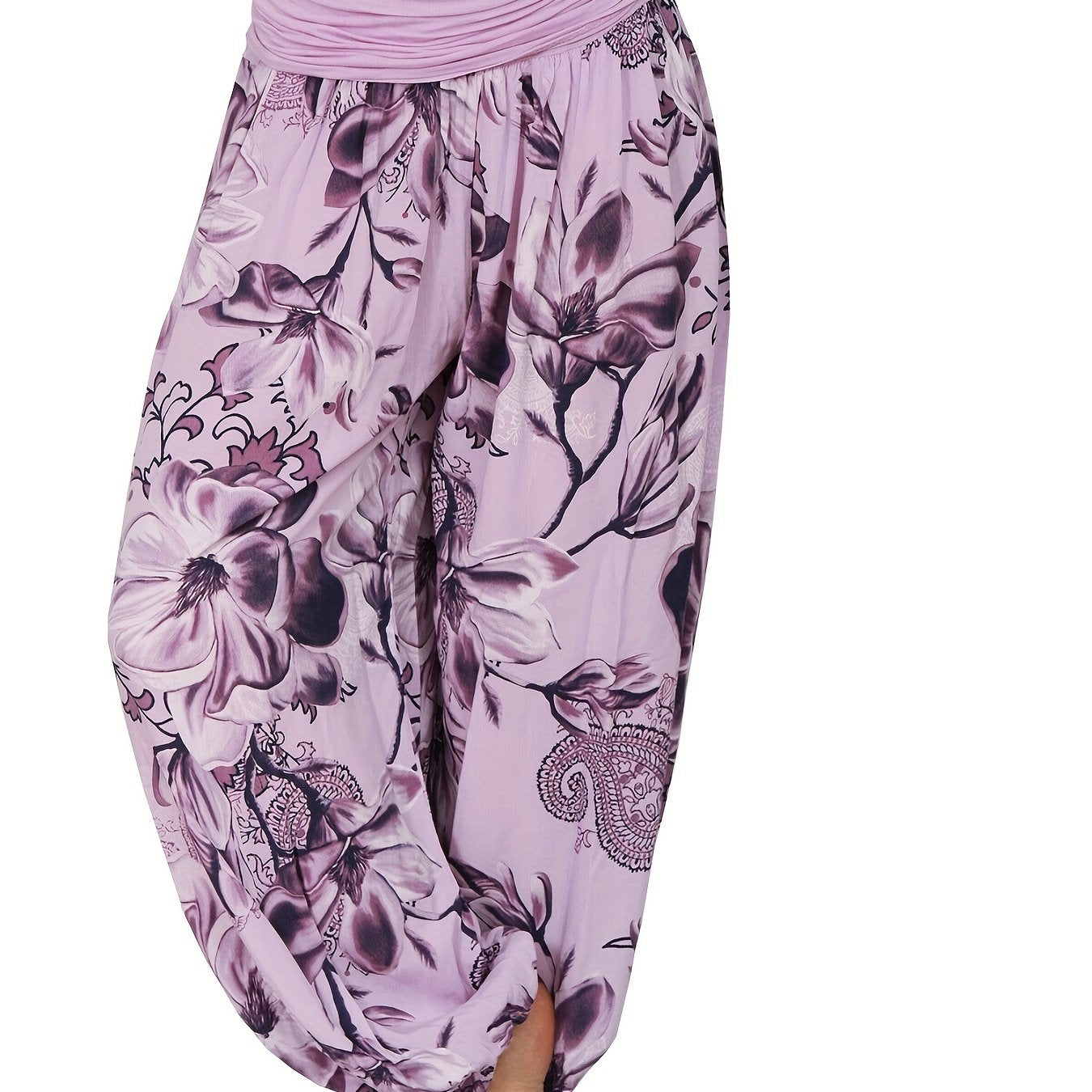 Boho Floral Print Pants Elastic Waist Vacation Harem Pants