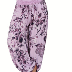 Boho Floral Print Pants Elastic Waist Vacation Harem Pants