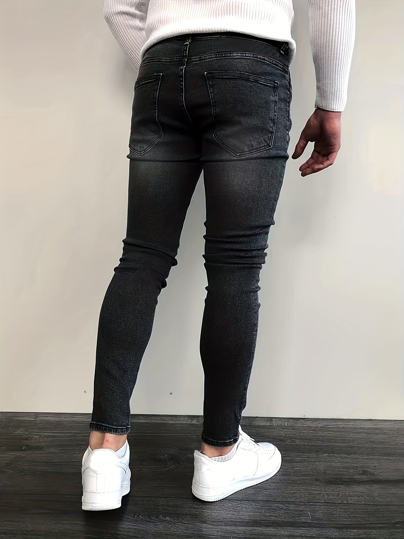 Slim Fit Ripped Cotton Jeans Men s Casual Street Style Solid Distressed Mid