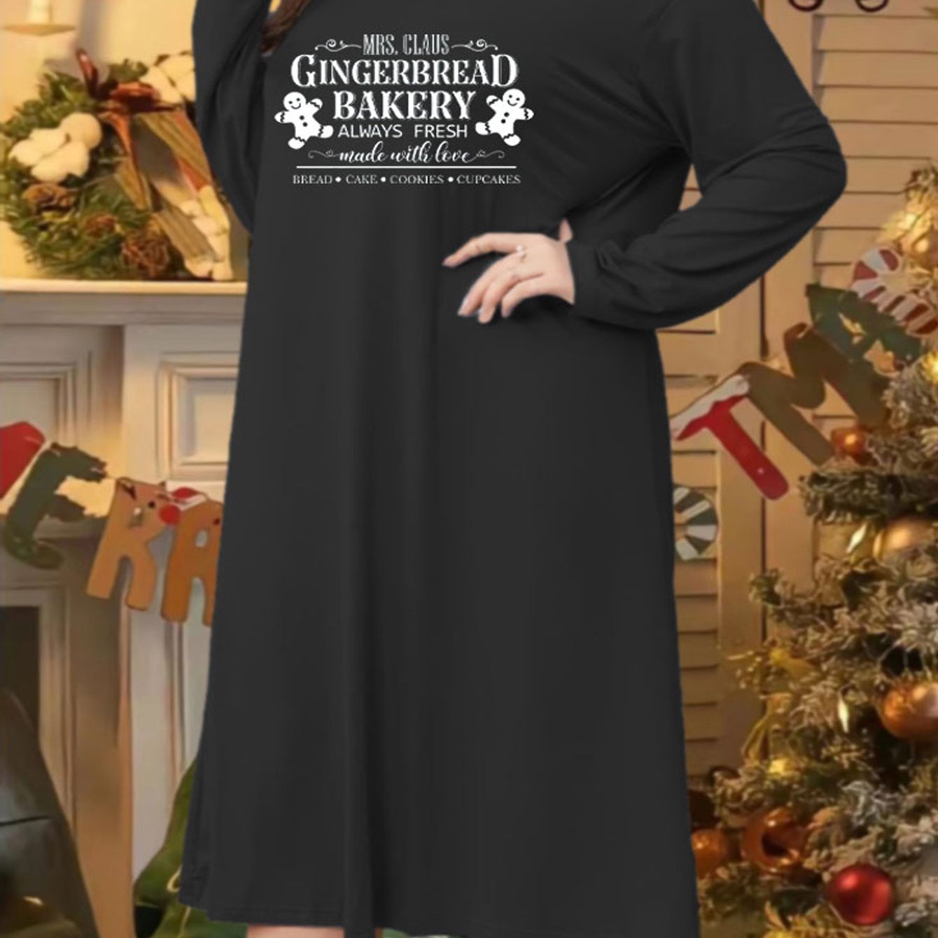 Plus Size Gingerbread Man Print Long Sleeve Round Neck Loungewear Dress