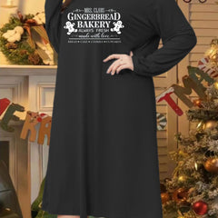 Plus Size Gingerbread Man Print Long Sleeve Round Neck Loungewear Dress