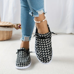 Women's Houndstooth Boat Shoes Lightweight Lace Up Flat Slip On Casual Sneakers