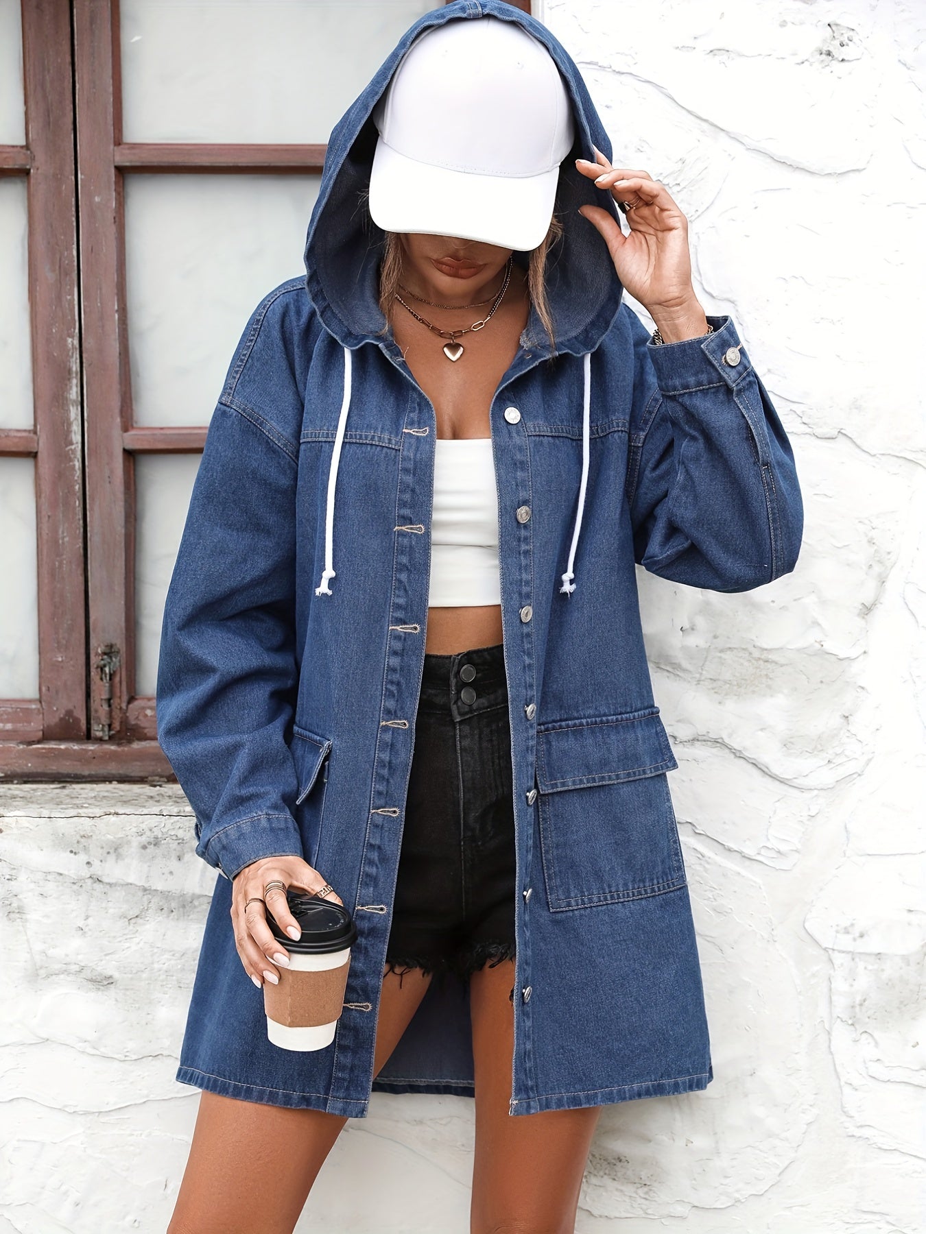 Hooded Long Denim Jacket Single Breasted Button Coat