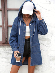 Hooded Long Denim Jacket Single Breasted Button Coat
