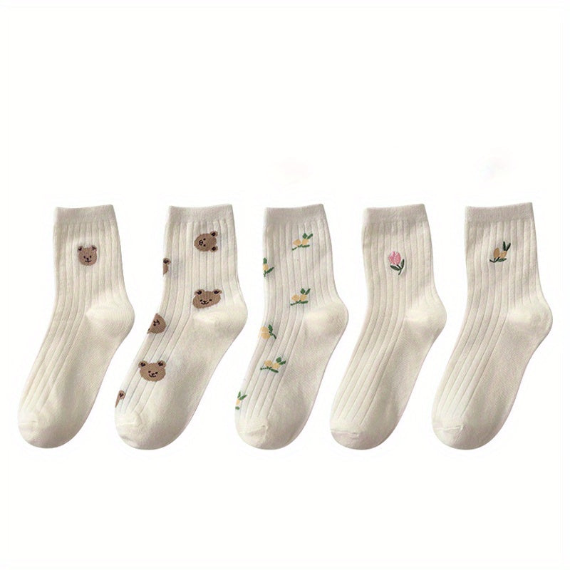 5 Pairs Floral & Bear Print Socks Comfy & All match Women's Stockings