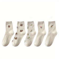 5 Pairs Floral & Bear Print Socks Comfy & All match Women's Stockings