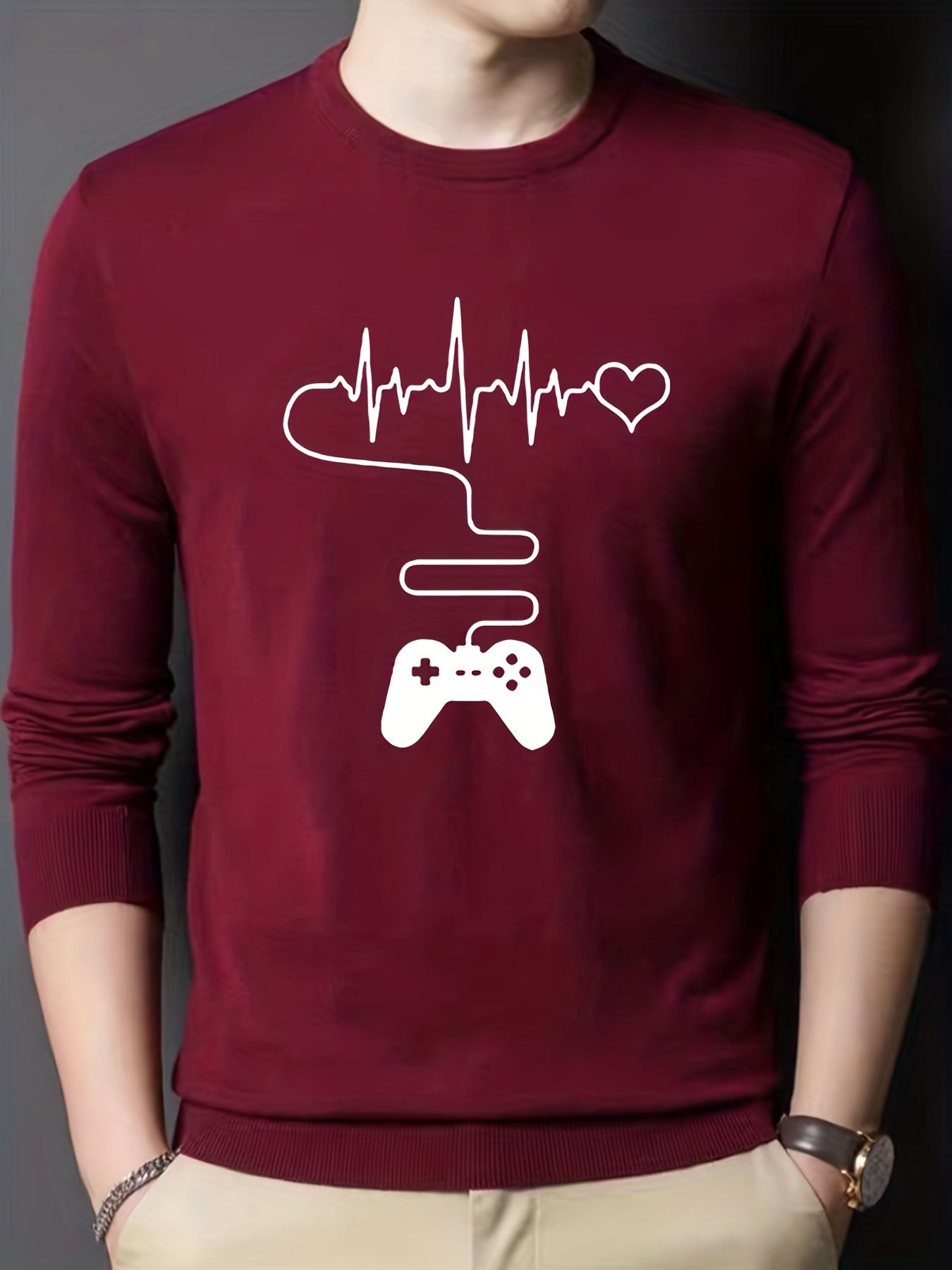 Gamepad & Heartbeat Pattern Knitted Sweater Men's Casual Warm Crew Neck Pullover
