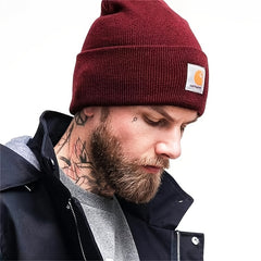 Label Patch Beanie Unisex Solid Knit Hat Warm Skull Cap