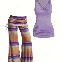 Solid Draped V Neck Tank Top & Colorblock Stripe Pants Outfits