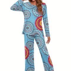 Pattern Print Lounge Set Long Sleeve Crew Neck Top & Pants Women's Loungewear