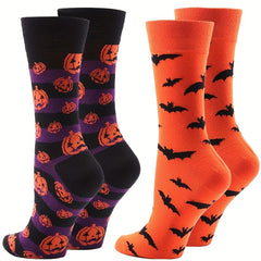 2 Pairs Bat & Pumpkin Print Socks Halloween Mid Tube Socks Women's Stockings